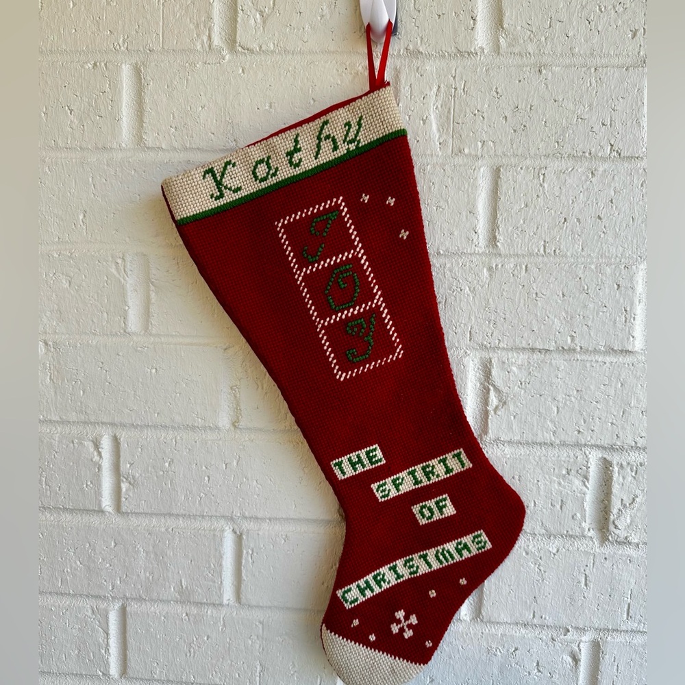 The Spirit of Christmas Red Joy Stocking for Kathy.  Cross Stitched Design VTG